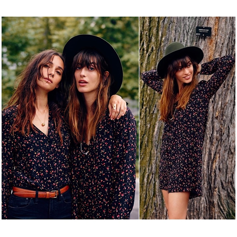SEZANE X MADEWELL 90s Silk Floral Print Long Sleeve V-Neck Button Front Dress XS